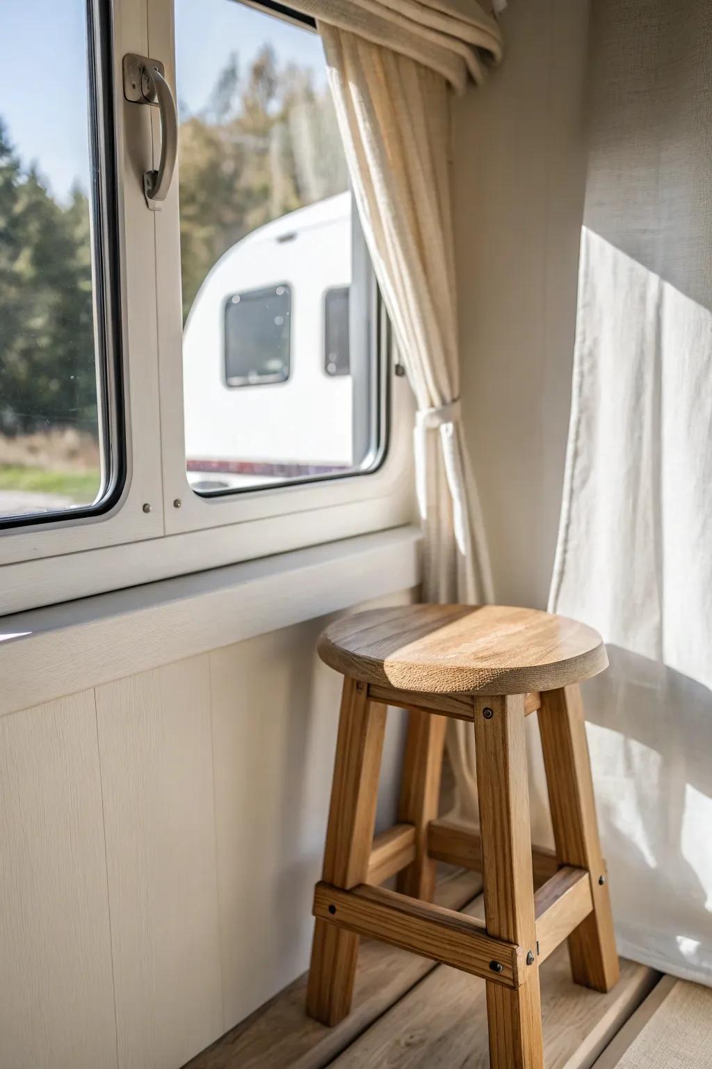 A simple oak window stool + white apron instantly makes a mobile home window feel built-in.