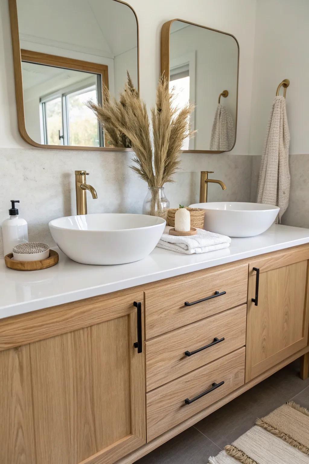 Small-space luxe: a long double vanity look that brings real master-suite calm.
