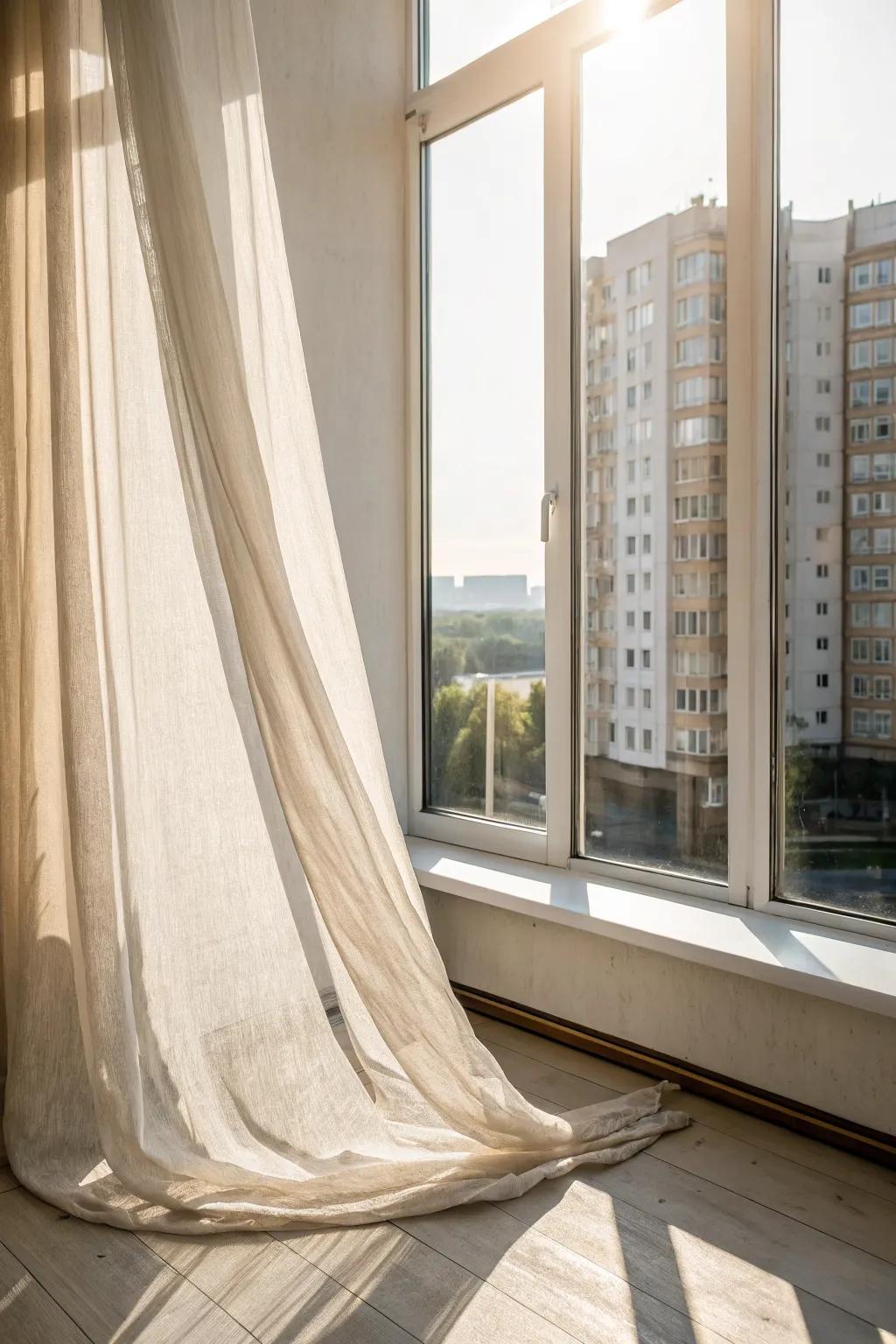 Let sunlight do the decorating—sheer linen keeps a small modern space bright and airy.