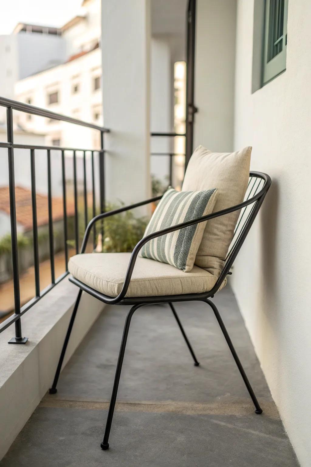 Neutral tones + one soft accent make a tiny balcony feel modern, calm, and instantly elevated.