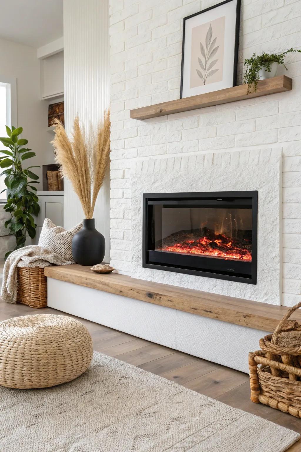 A flush-mount electric fireplace that sits level with the wall for a sleek, high-end look.