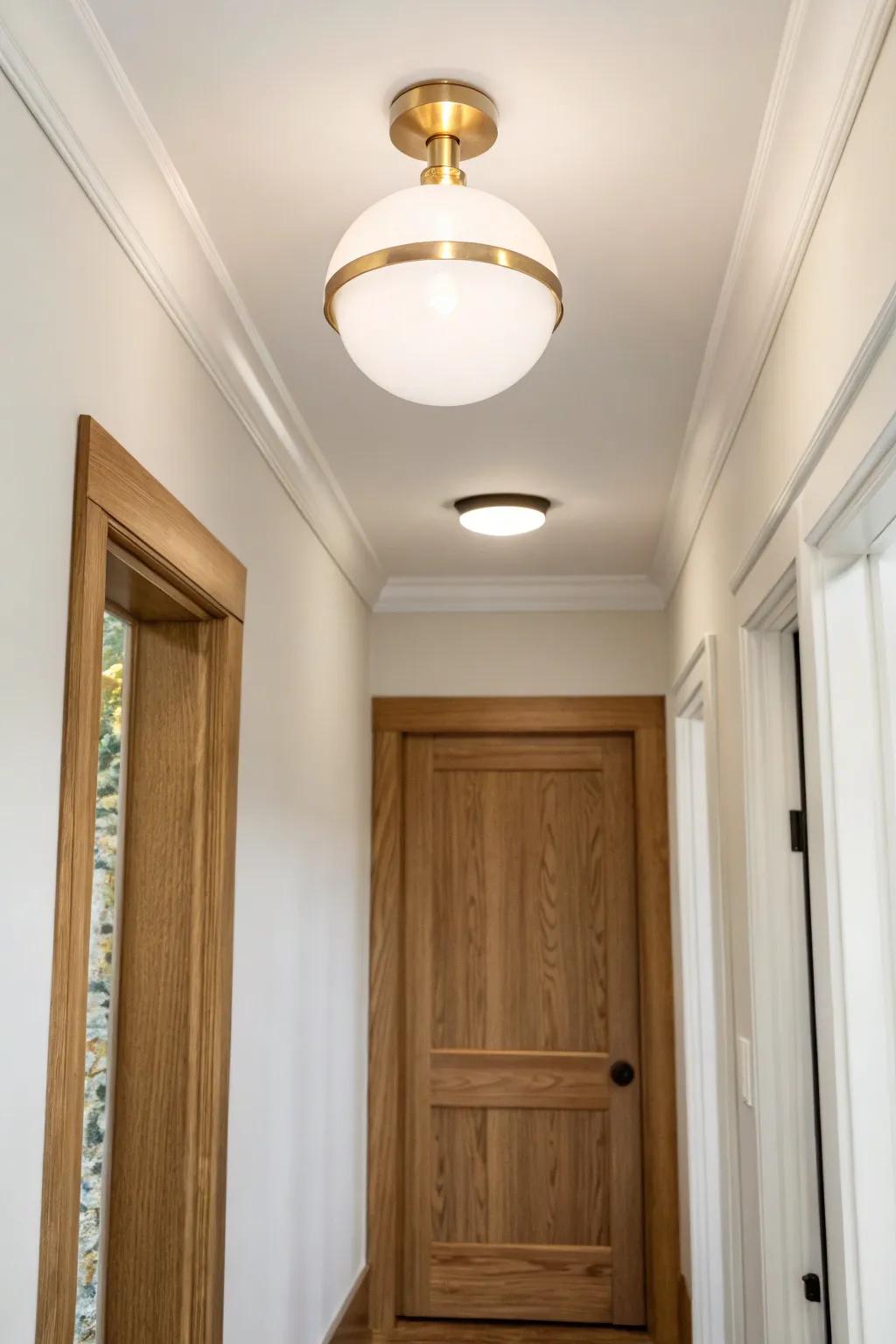 Slim semi-flush lighting that feels like a statement—without stealing precious hallway headroom.