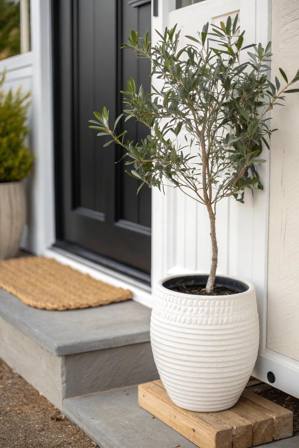 Instant curb appeal: a statement planter that gives a tiny porch that clean, symmetric look.