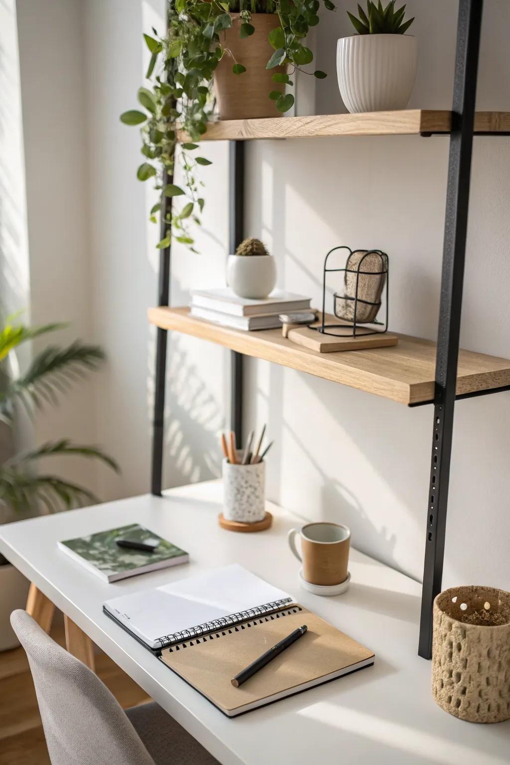 Go vertical: slim wall shelves keep your small office tidy—and leave the floor open.