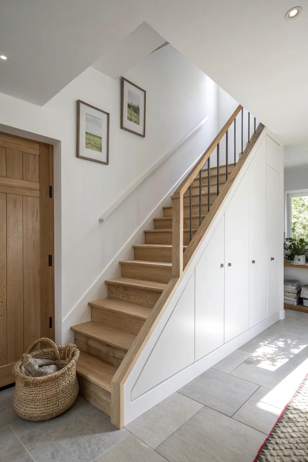 A flush under-stairs cabinet wall turns a narrow hall into sleek, clutter-free storage.