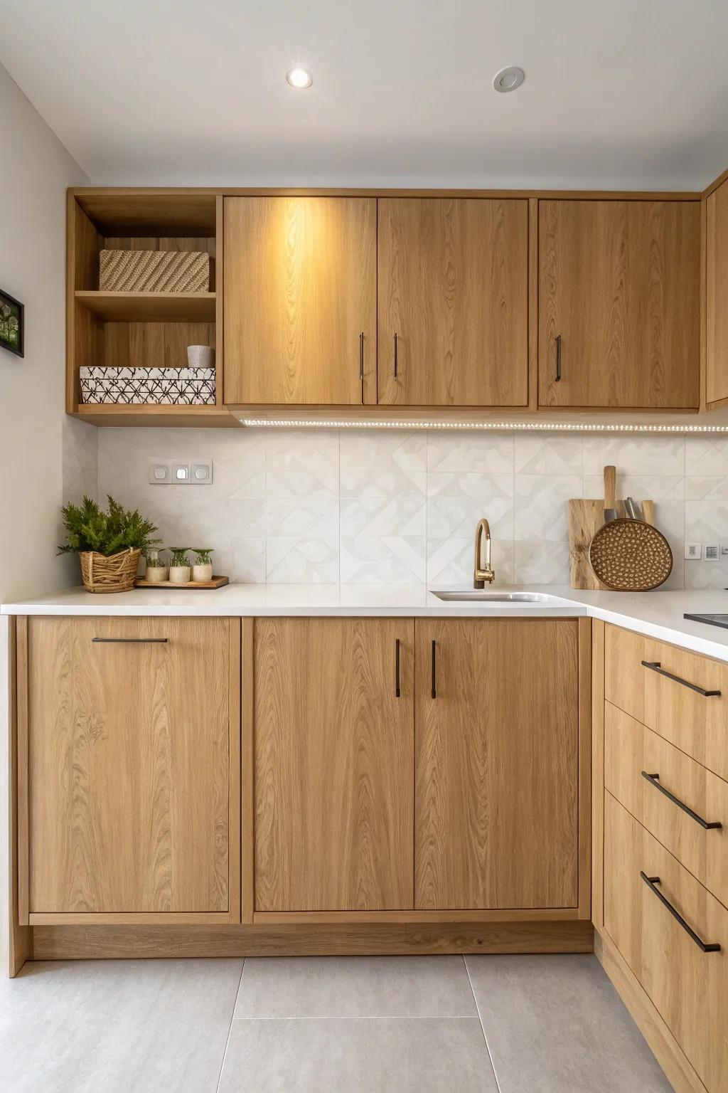 Straight-line modular kitchen: one clean wall of oak units keeps small studios open and serene.