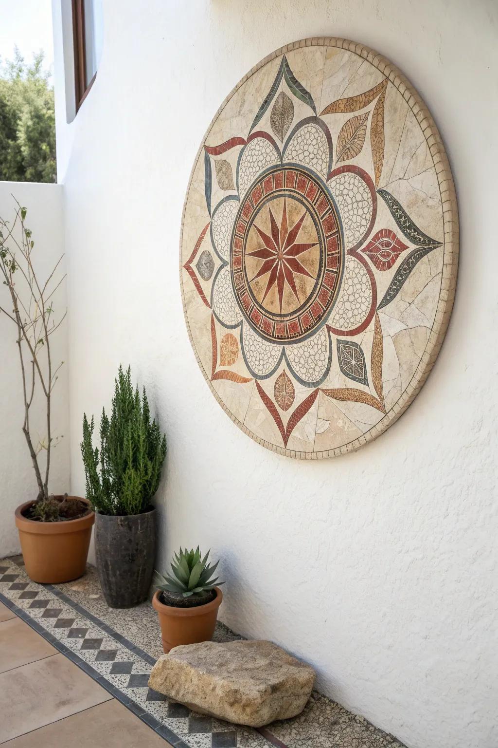 Elevate your space with a stunning circular mosaic masterpiece that speaks of artistry and simplicity.