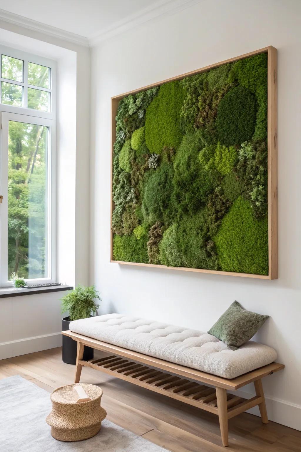 One oversized moss panel adds height and calm—minimal clutter, maximum impact in small spaces.