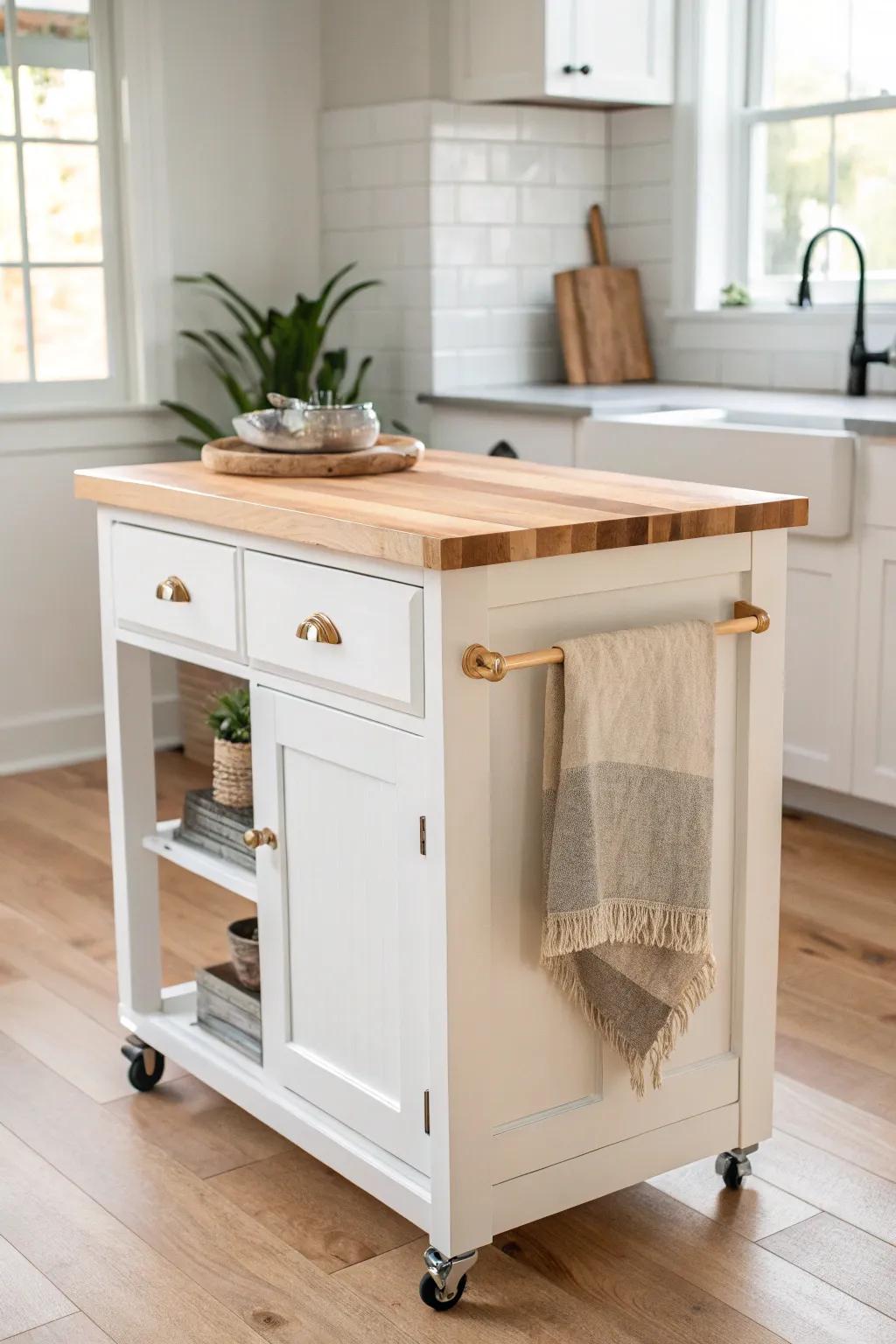 Warm butcher-block top + wheels = real prep space that makes a small kitchen feel bigger.