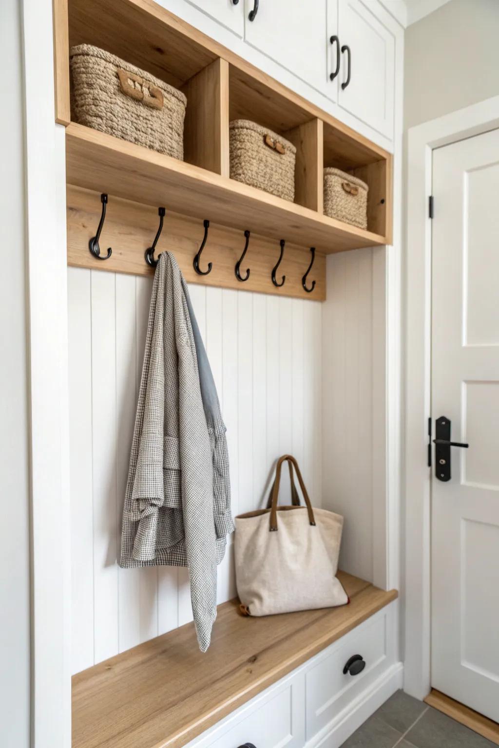 Two-tier double hooks keep coats off the floor—kid-friendly, minimalist, and beautifully tidy.