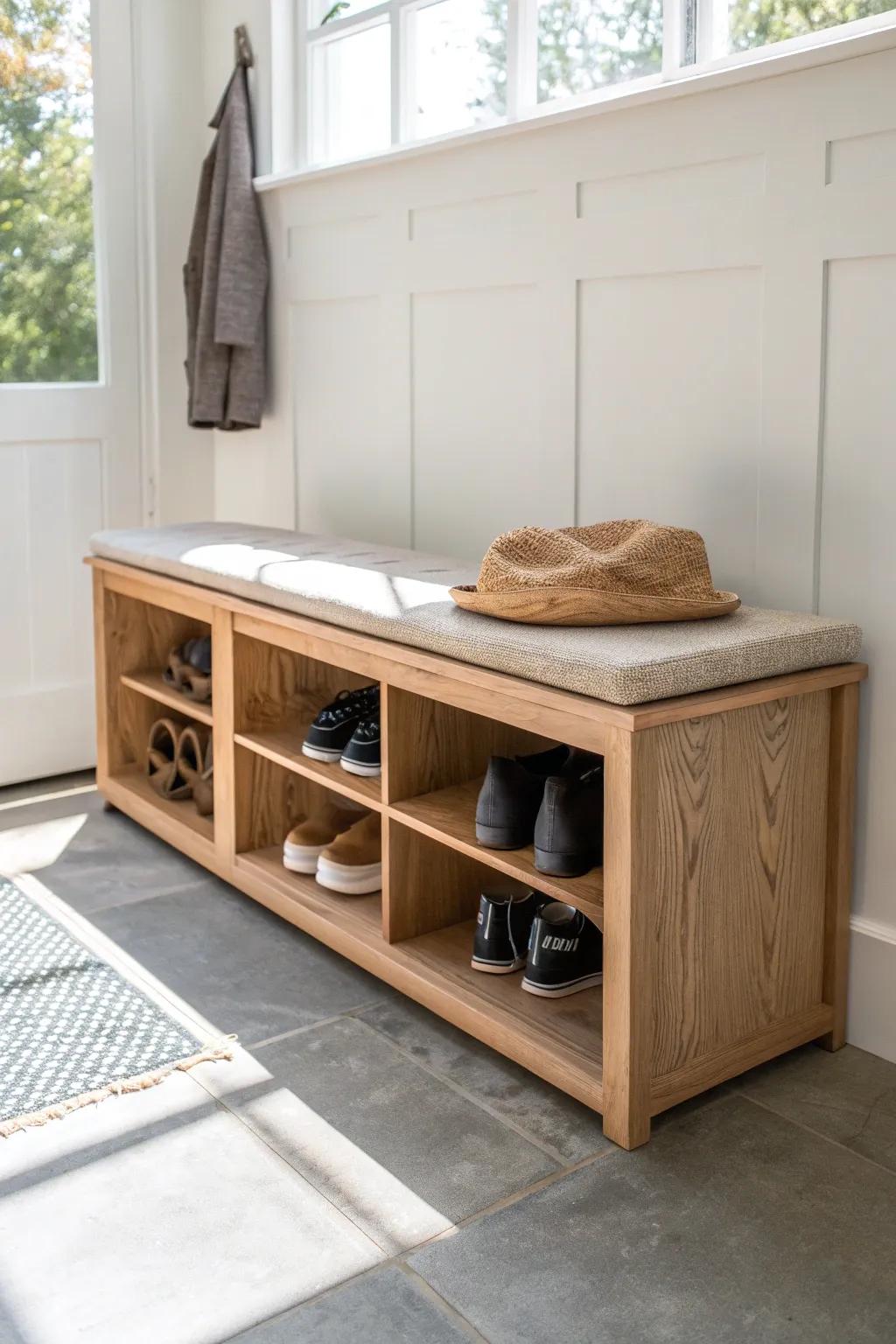 A sleek shoe-cubby bench that adds a seat and instant order to a tiny mudroom.