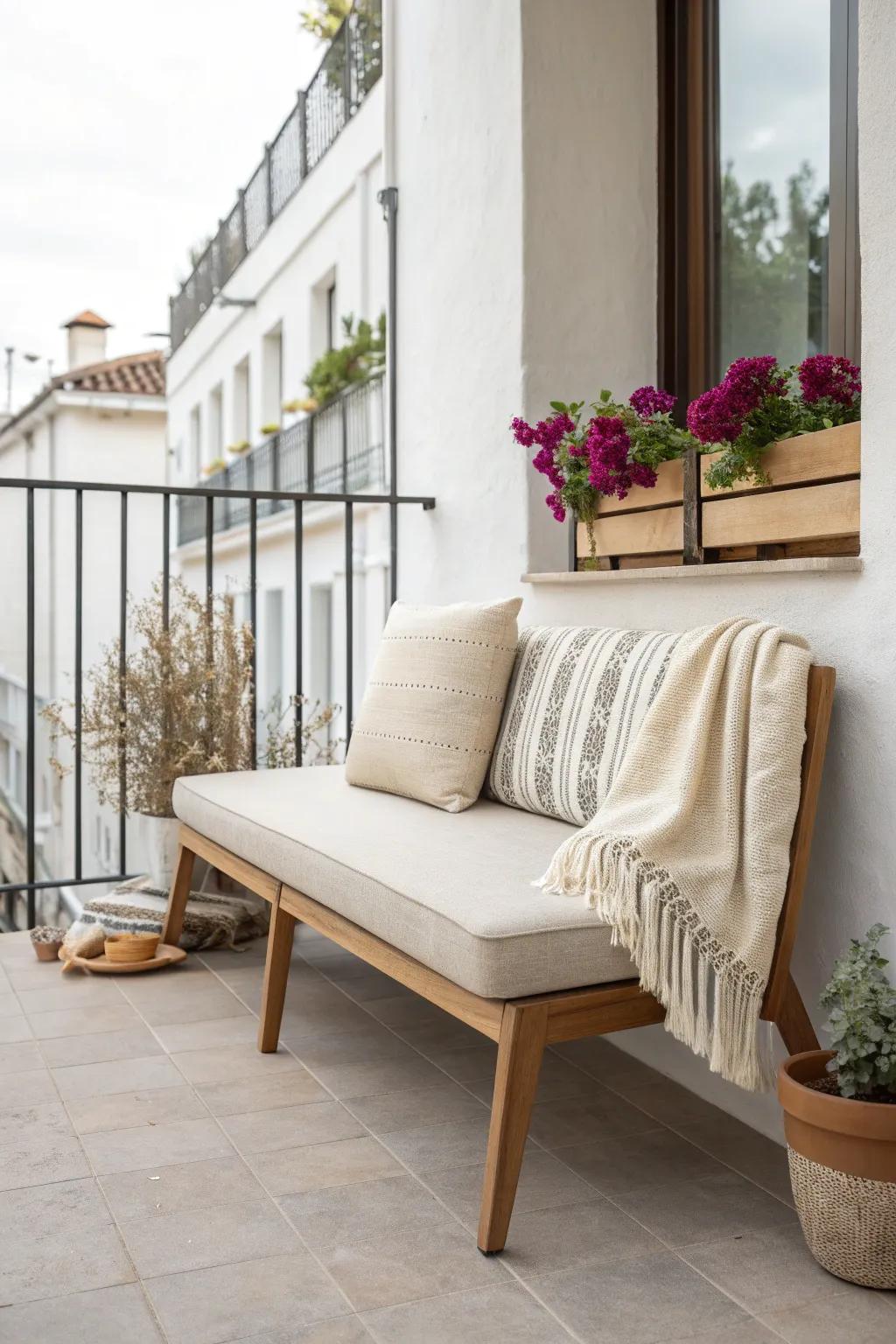 Slim, low-profile seating keeps a narrow balcony airy—without blocking the door.