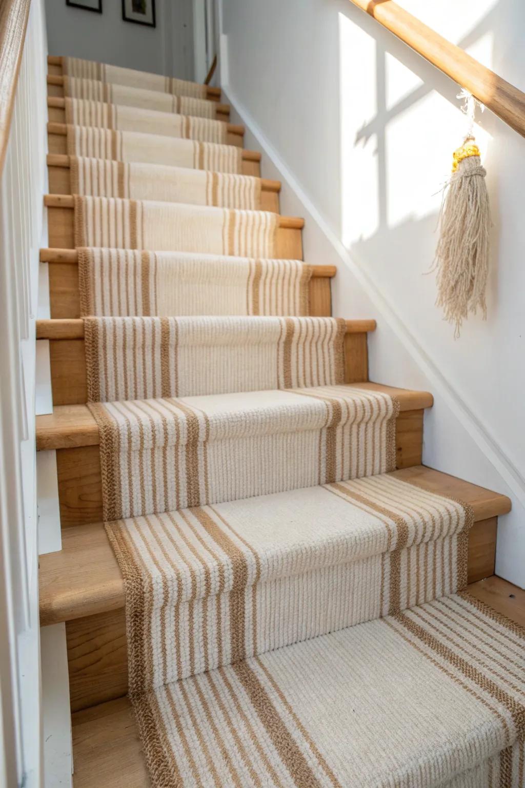 Lengthwise striped runner draws the eye upward, making narrow stairs feel longer and calmer.