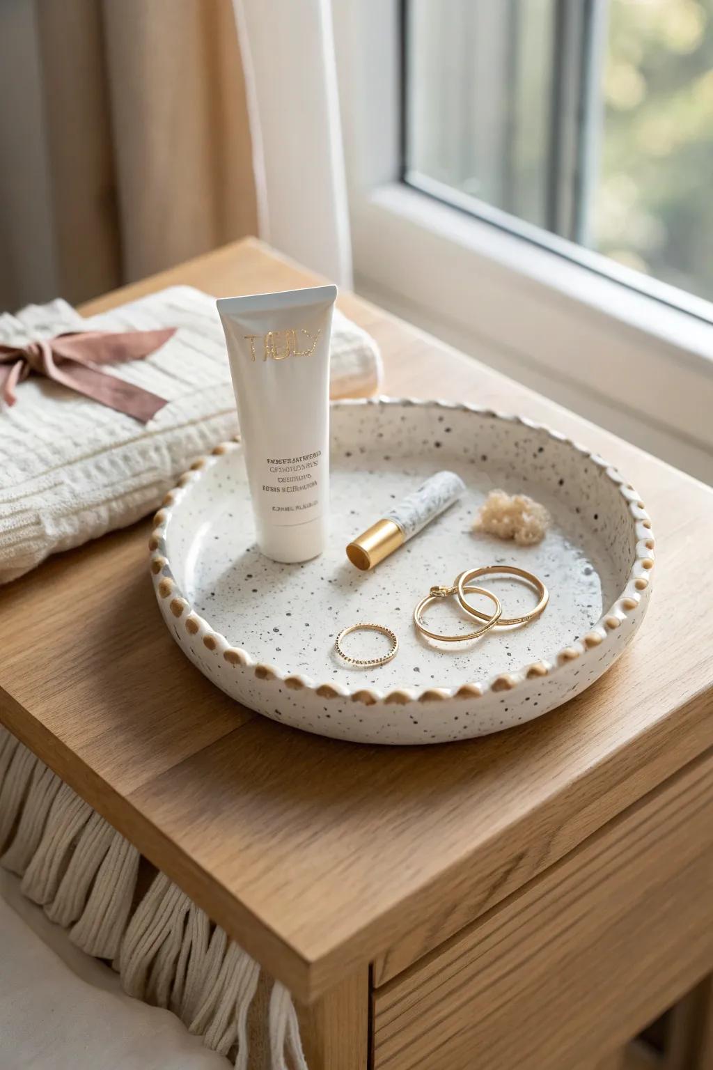 A decorative tray keeps rings, hand cream, and hair ties tidy—styled, not scattered.