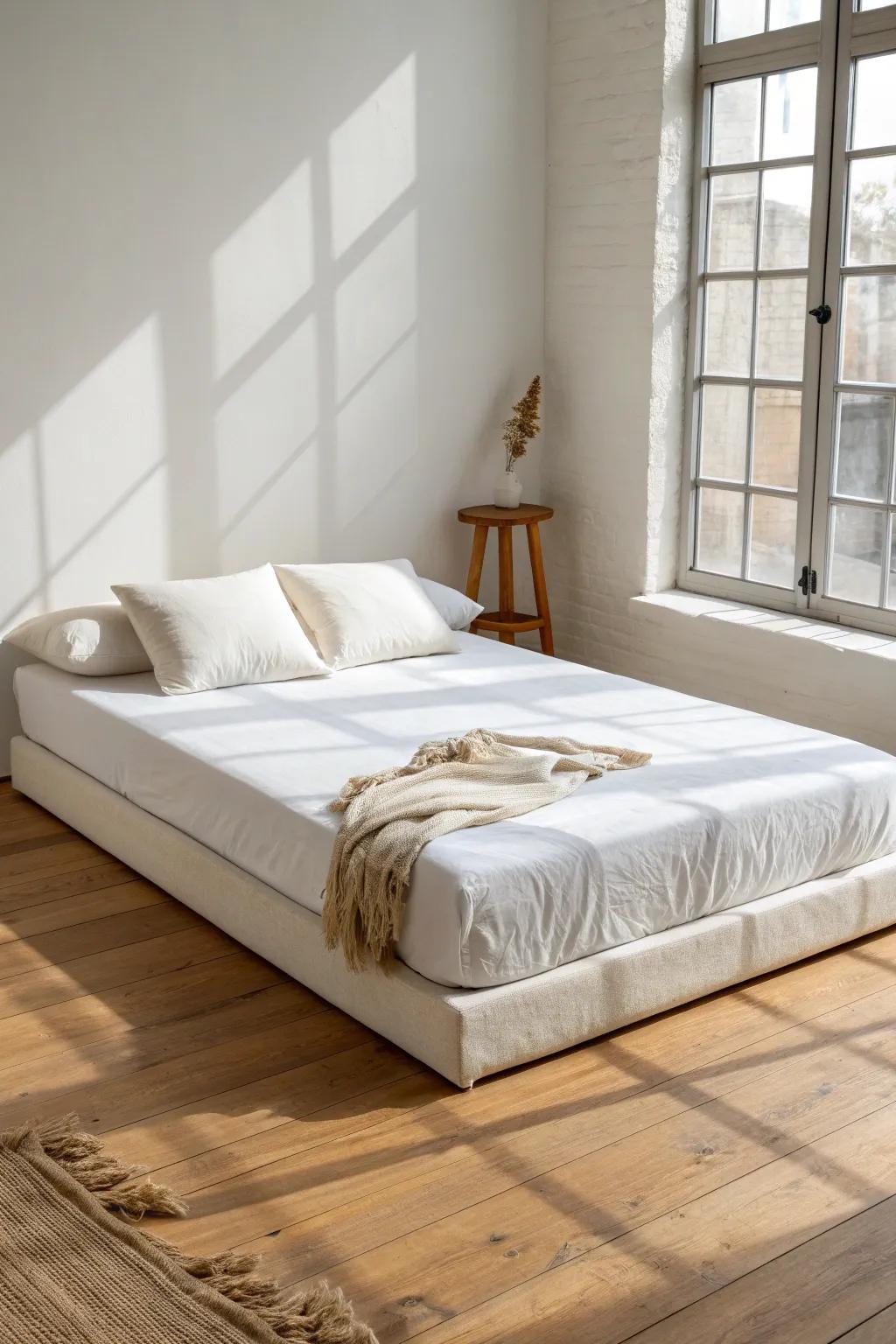 A full floor-bed look: crisp linen on a low mattress for modern, intentional minimalism.