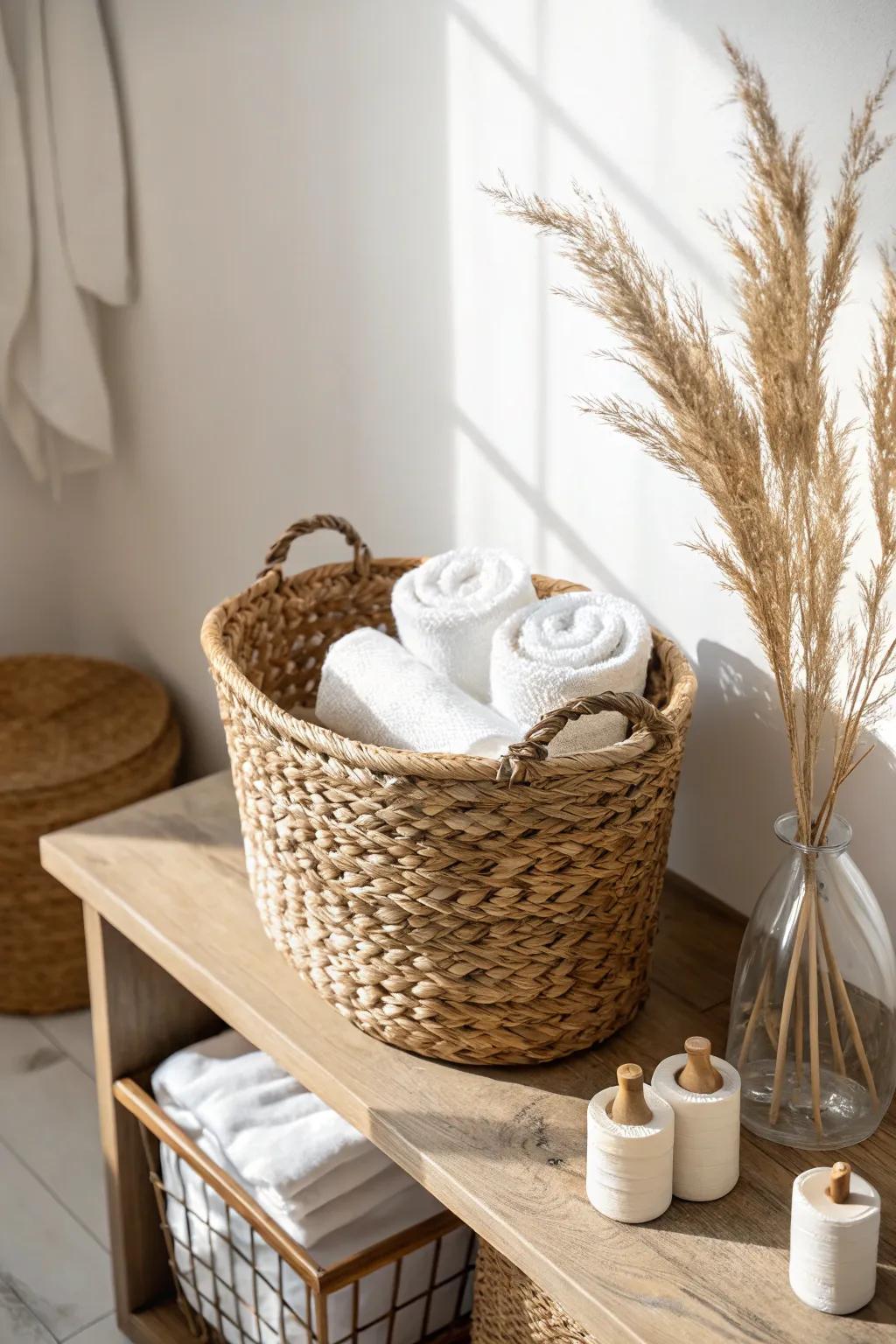 Style open shelves with woven baskets to keep towels and essentials tidy, not cluttered.