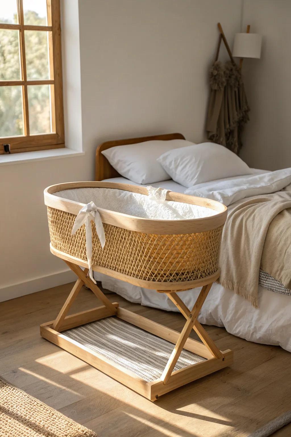 A cozy bedside bassinet keeps baby within arm’s reach for calmer nights in a small bedroom.