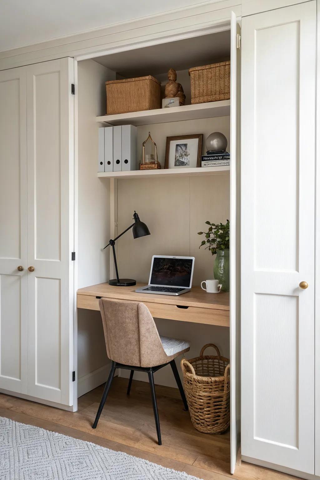 Closet office inside the nursery: close the doors to clock out—calm, minimal, boho-soft.