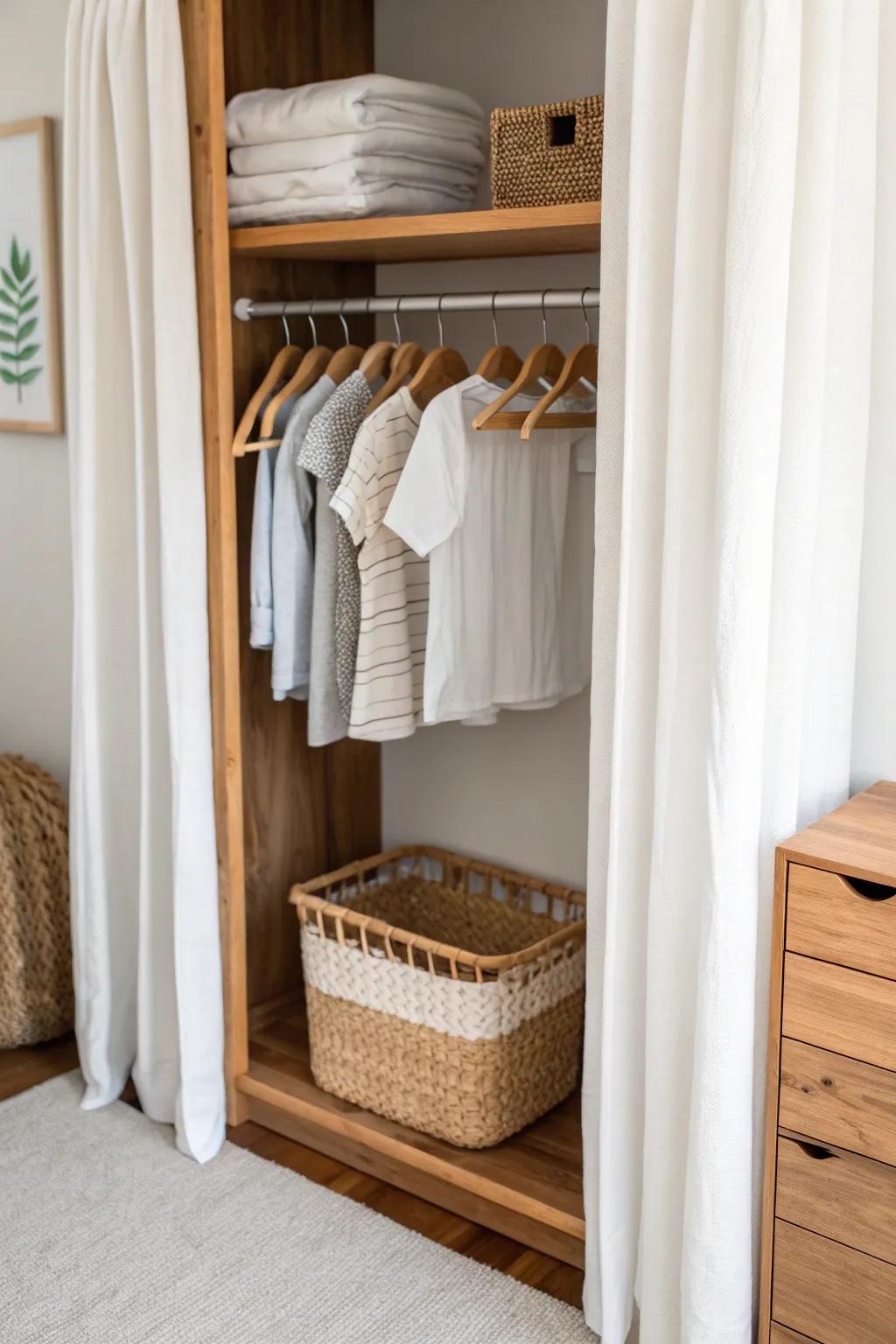 Double hanging rods double your nursery closet space—tiny outfits visible at a glance.