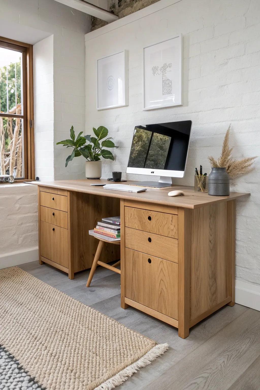 Base cabinets plus a simple desktop: hidden storage and a sleek small-space workstation.