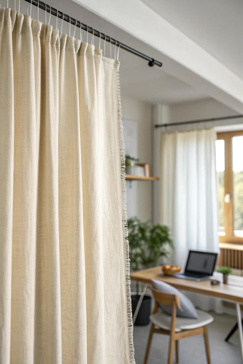 A ceiling-track linen curtain creates a soft, sunlit office zone—perfect for small spaces.