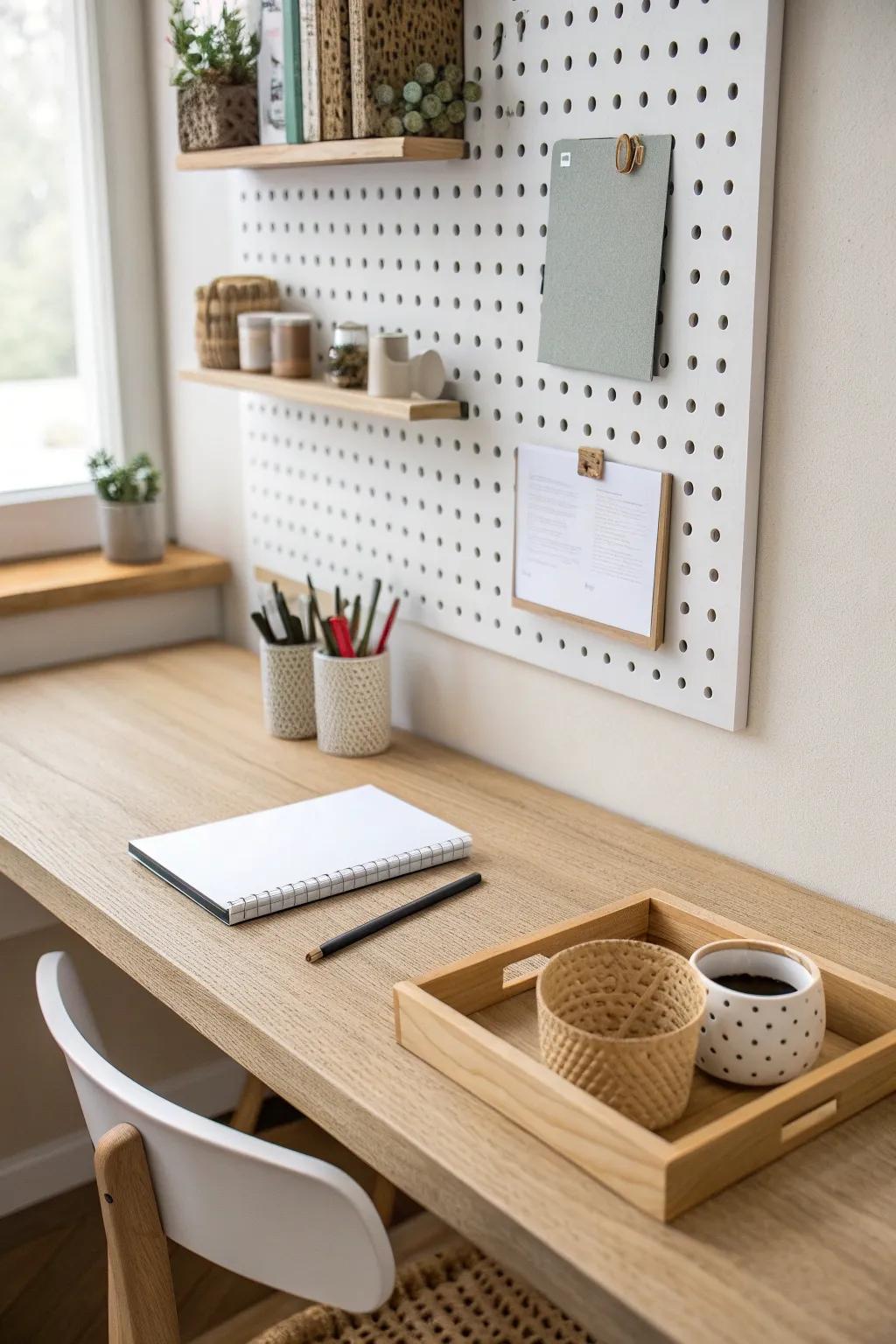 Side-mounted pegboard storage keeps essentials within reach—perfect for tight desk nooks.