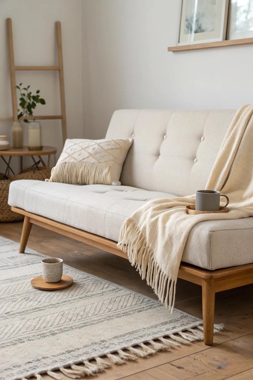 Slim sofa bed + airy negative space: the parallel-wall layout that keeps a clear chair runway.