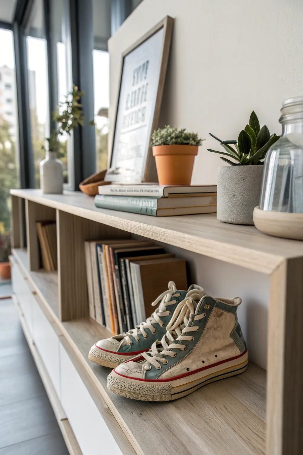 Turn your beloved old sneakers into charming bookends that add character and whimsy to your minimalist bookshelf.