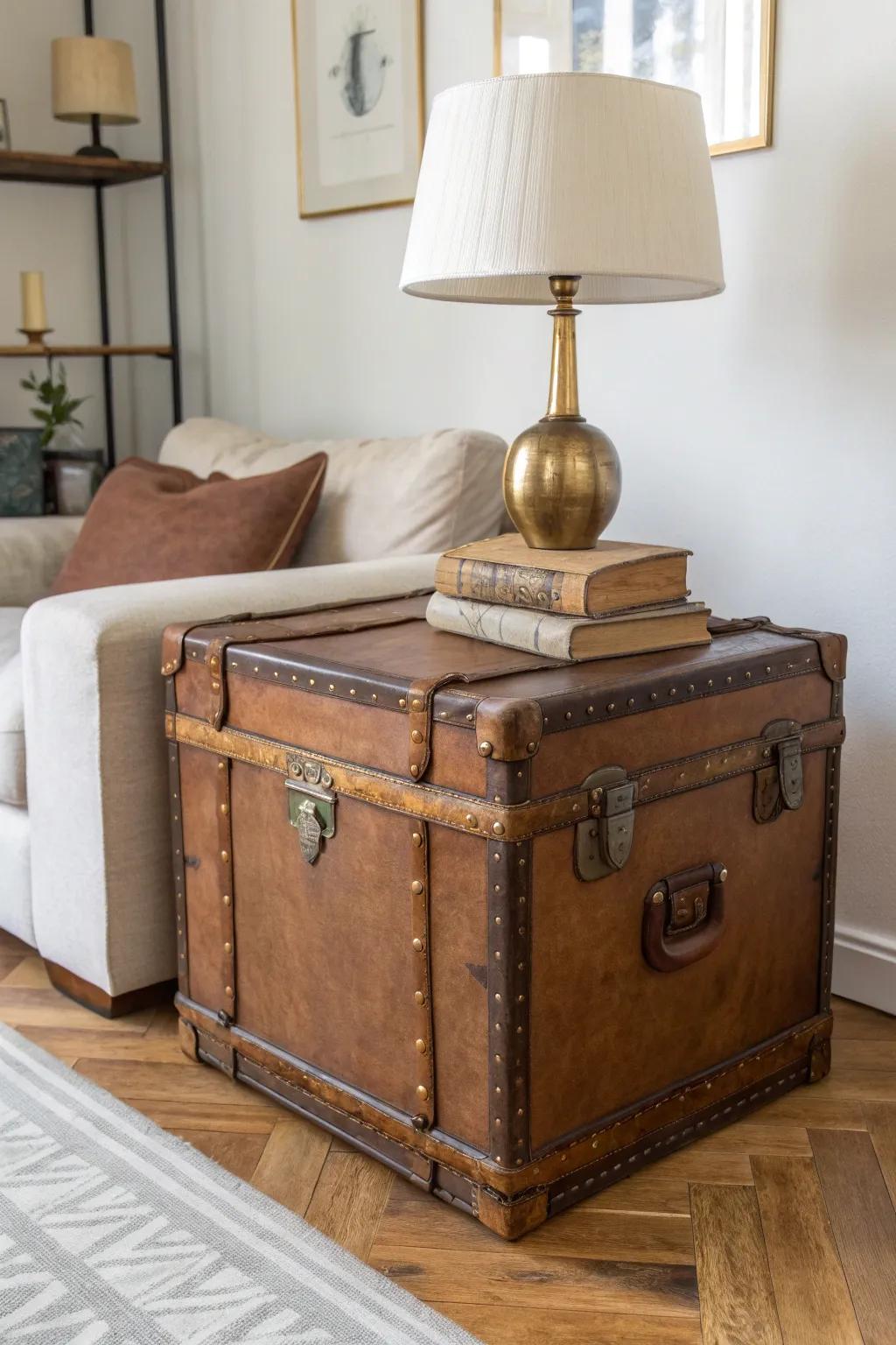 Turn a vintage trunk into a chic end table—cozy styling, hidden storage, and character.