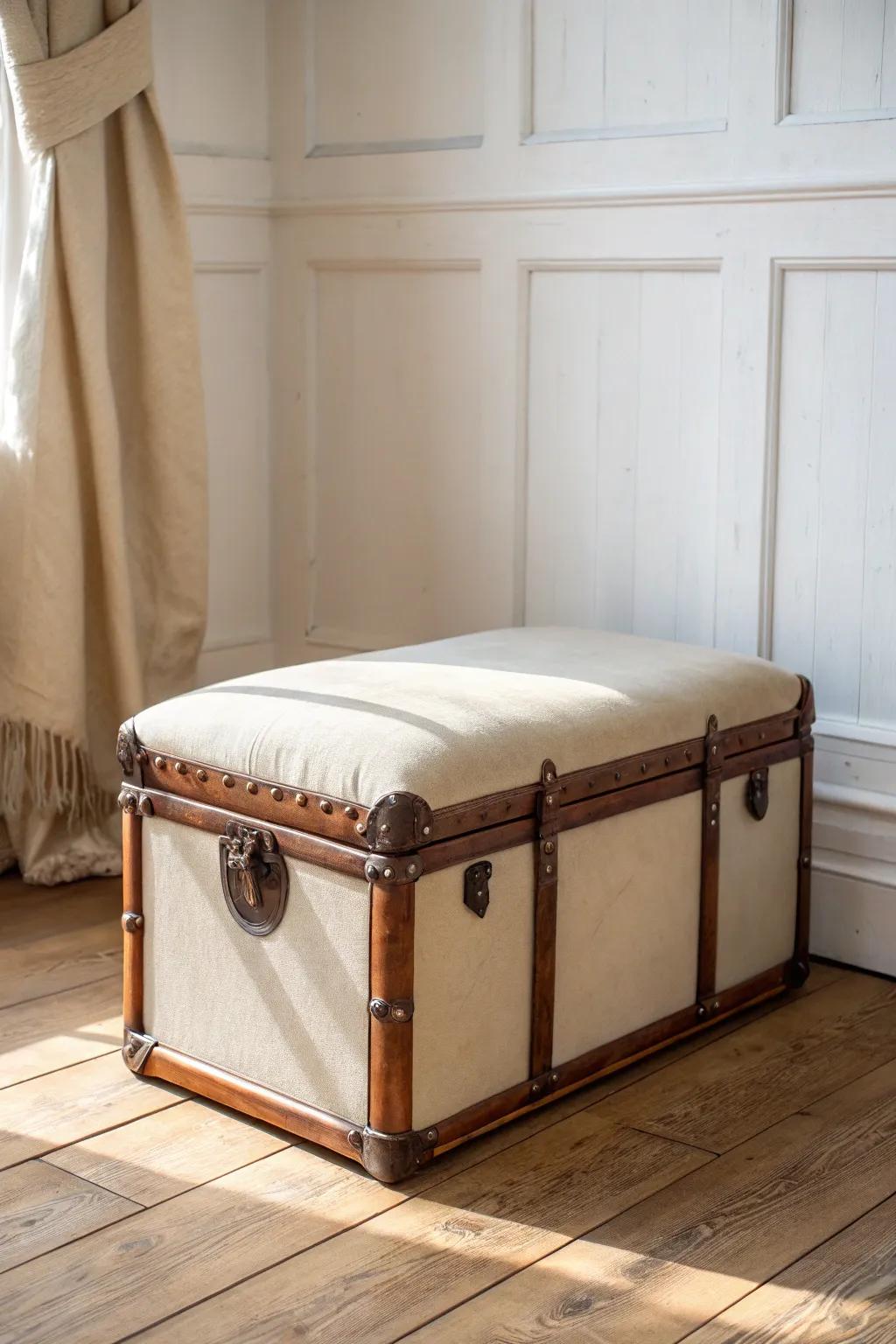 Old trunk turned storage ottoman—cozy linen cushion on top, blankets hidden inside.