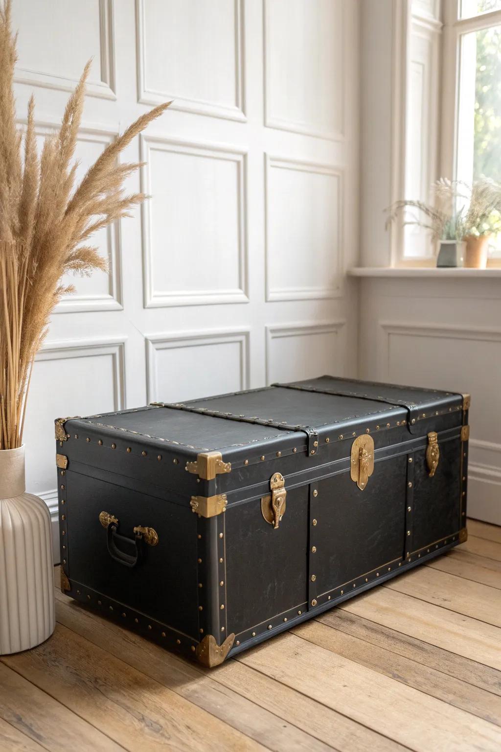 Matte black paint turns an old trunk into a modern, coffee-table-worthy statement piece.