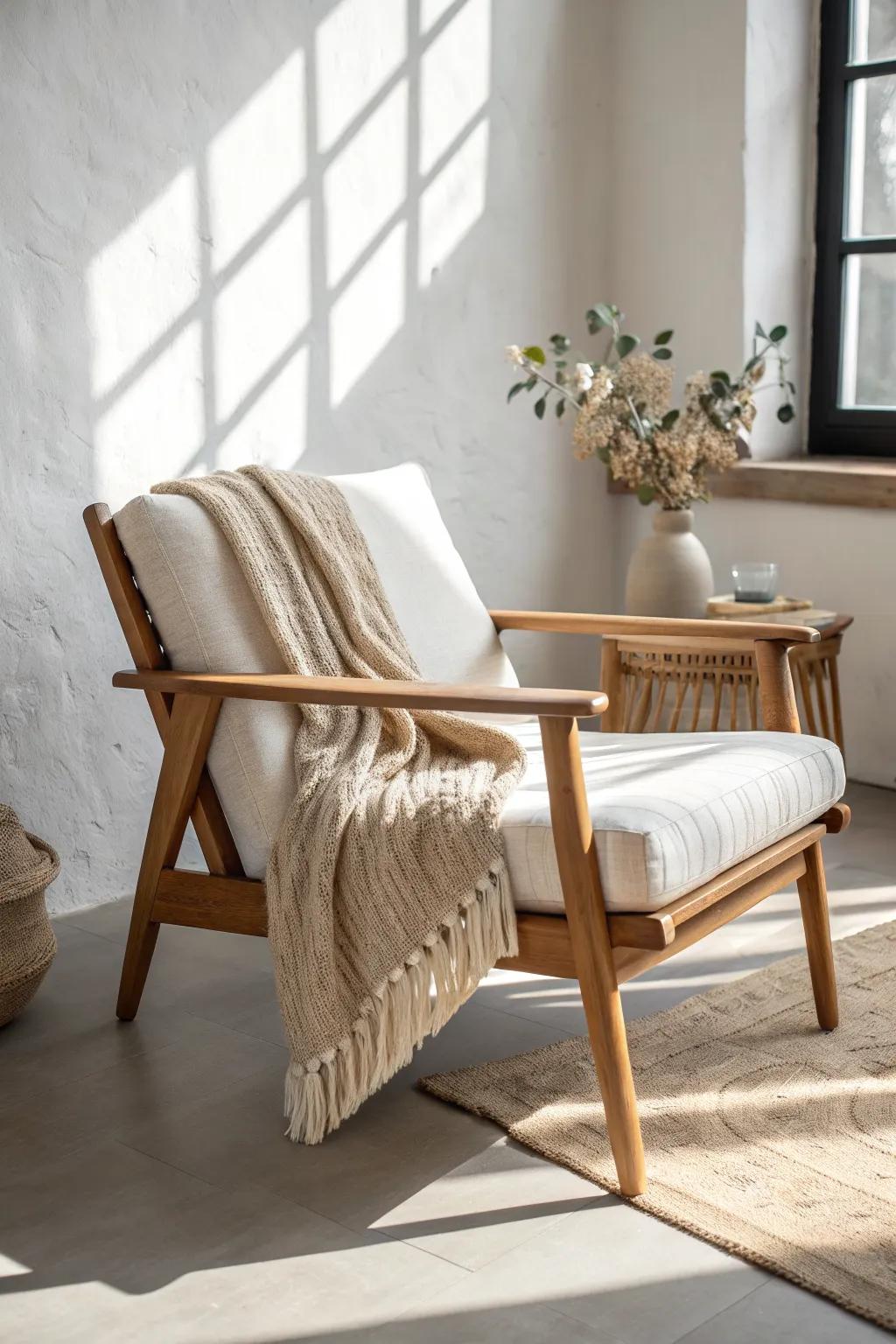 Soft neutrals + linen + chunky knit texture: a calm, airy look that makes small spaces feel bigger.