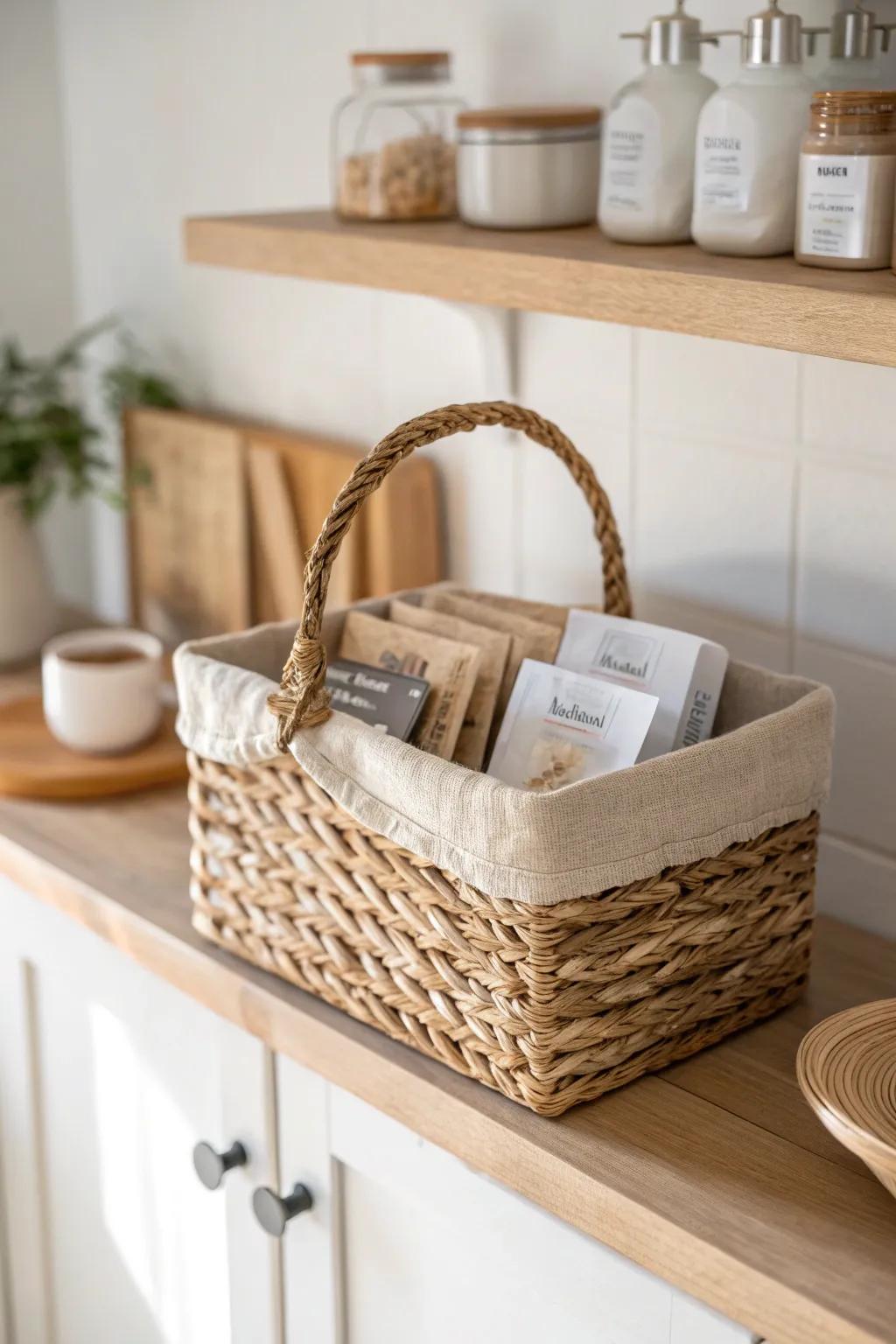Woven baskets keep open pantry shelves calm—hide the messy packets, keep it easy to grab.