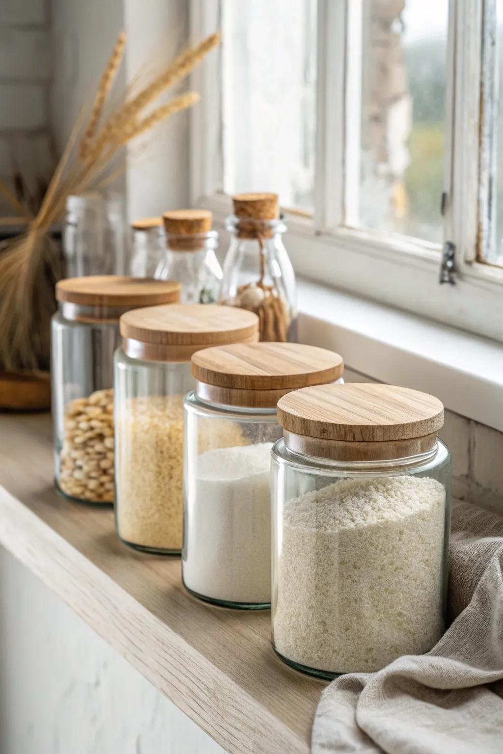 Matching glass jars instantly calm open pantry shelves—clean, feminine, and easy to restock.
