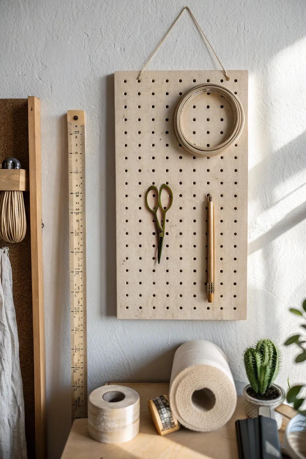A simple pegboard tool wall keeps your most-used craft tools visible and your desk clutter-free.