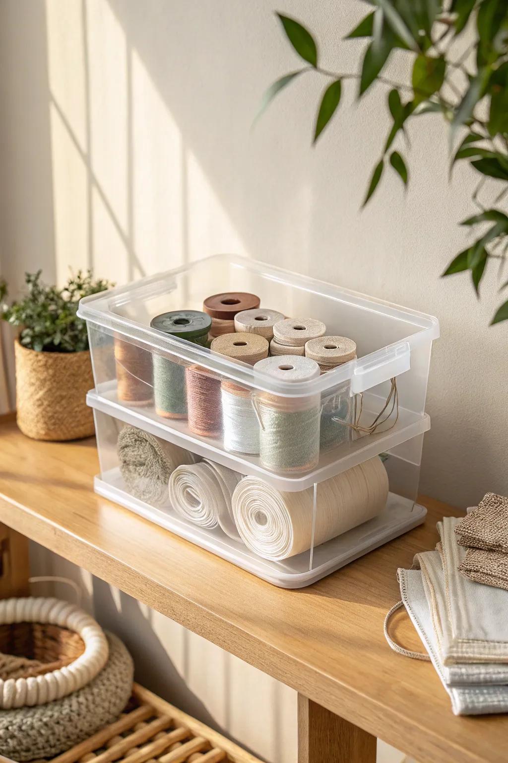 See-it-at-a-glance craft storage: clear, lidded bins that stack neatly and save space.