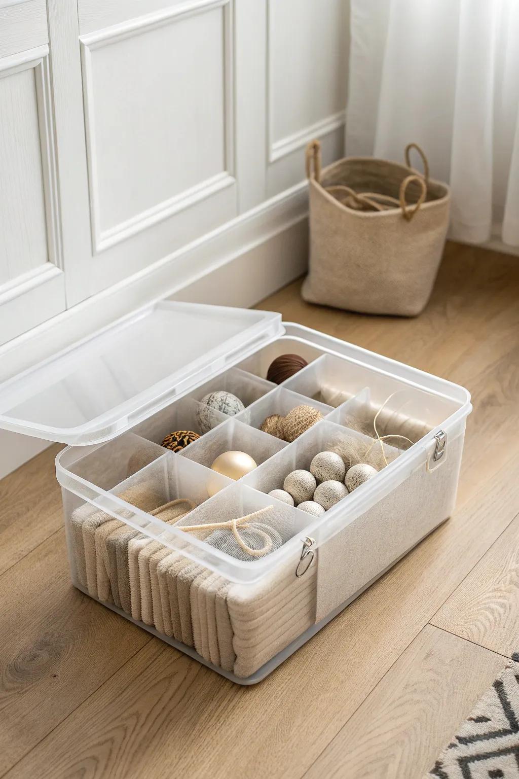 One bin, layered trays—lift-out storage that keeps ornaments separated and pack-up easy.