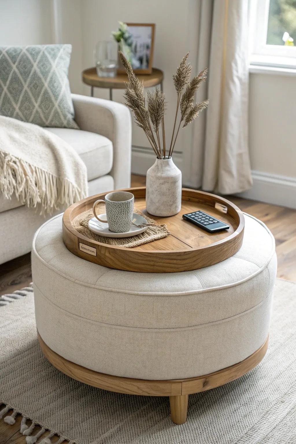 A simple tray instantly makes an ottoman feel styled—perfect for drinks, remotes, and calm.