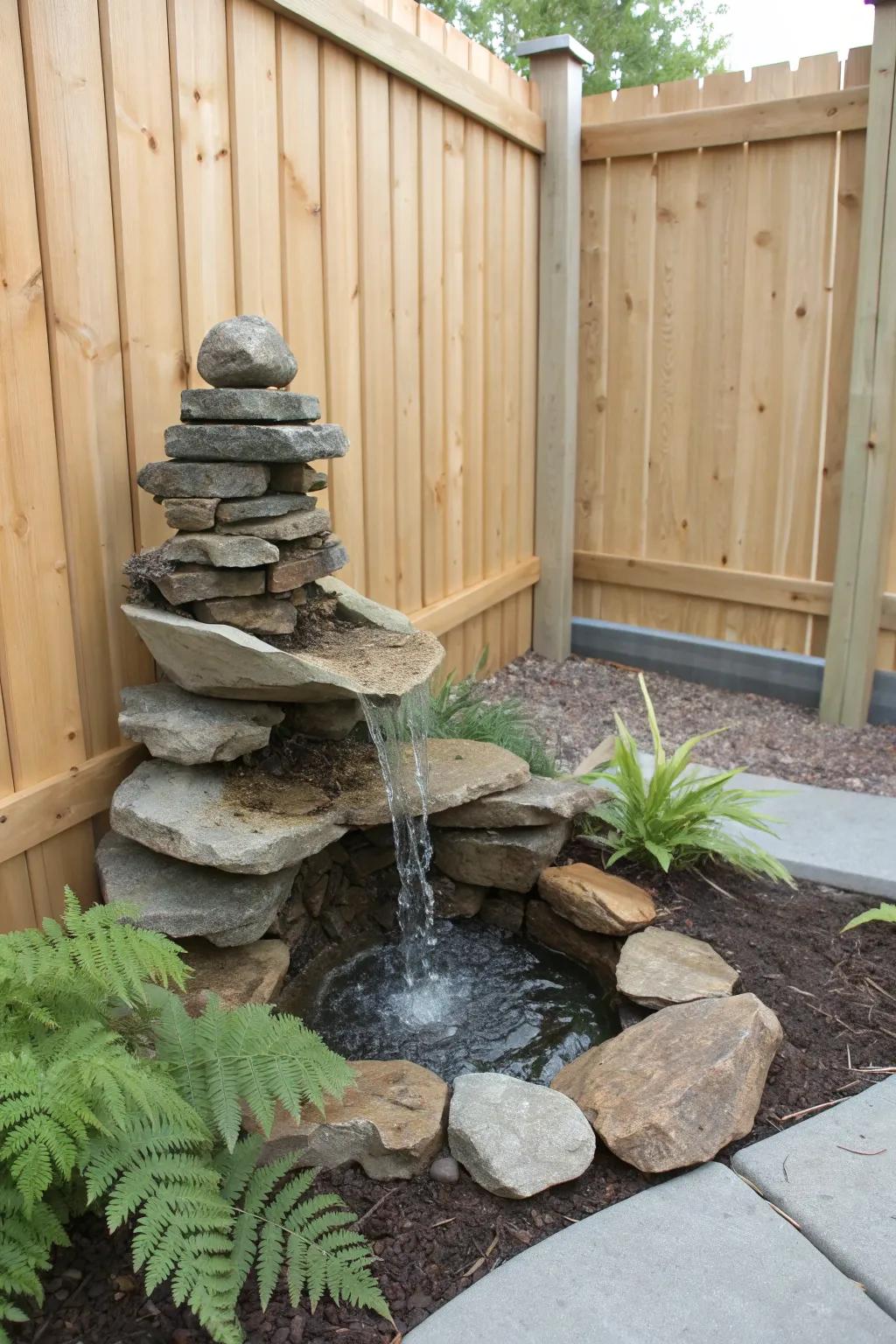 A petite rock waterfall fountain that makes a small corner bed feel calm and intentional.