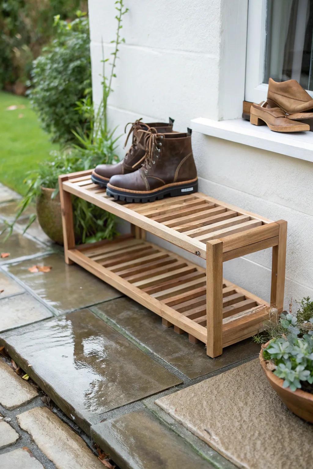 A slatted outdoor rack lets wet shoes drip-dry fast—elevated to stay clear of patio puddles.