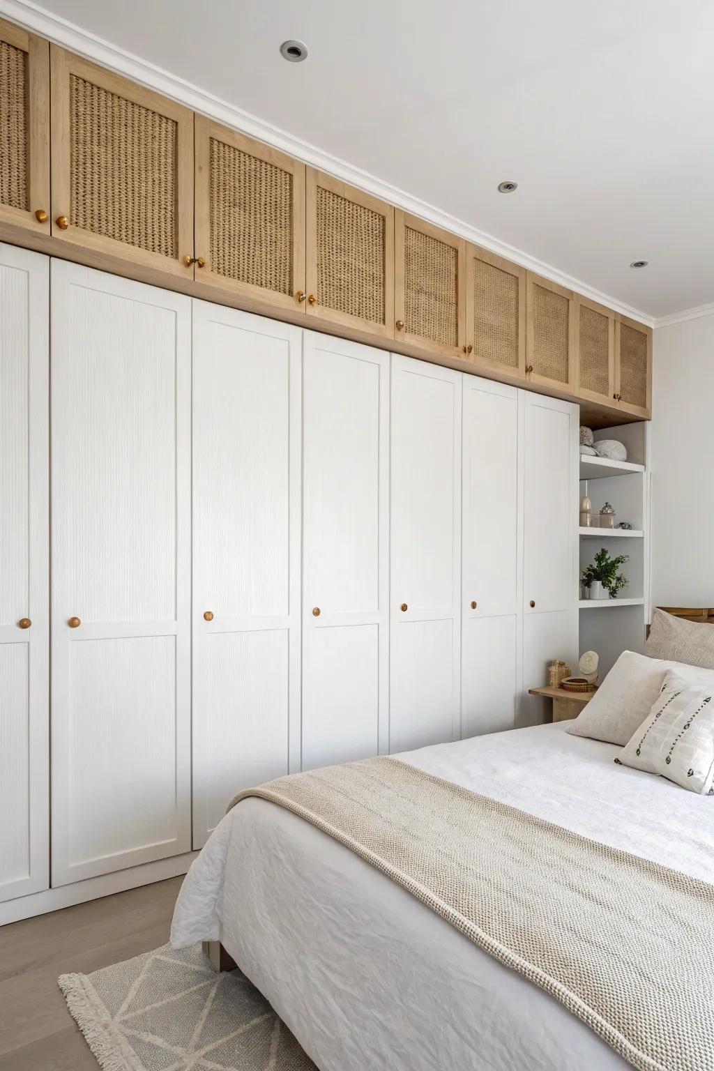 Floor-to-ceiling built-ins over the bed hide clutter and make a small bedroom feel serene.