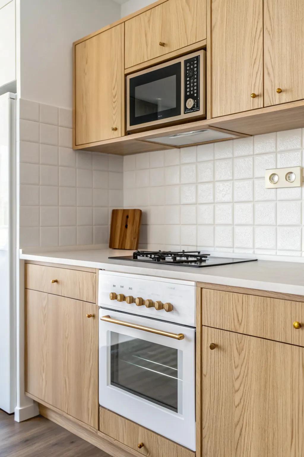 Built-in microwave above the stove frees counter space—keep a clean vent gap for safety.