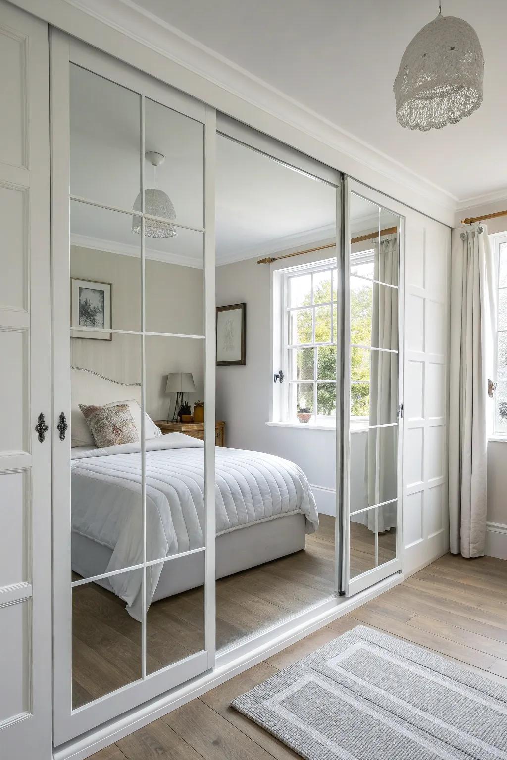 Slim white mullion strips add airy detail to mirrored closet doors—bright, clean, and spacious.