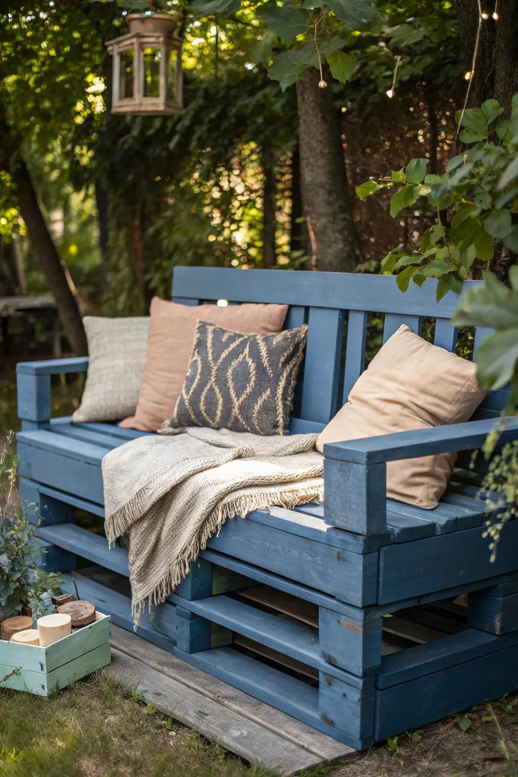 Transform your garden with this charming blue pallet bench, your new favorite spot for morning coffee.