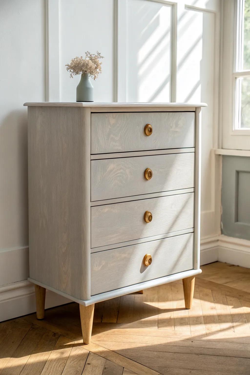 Soft greige chest of drawers: calm, cozy storage that blends beautifully in small bedrooms.