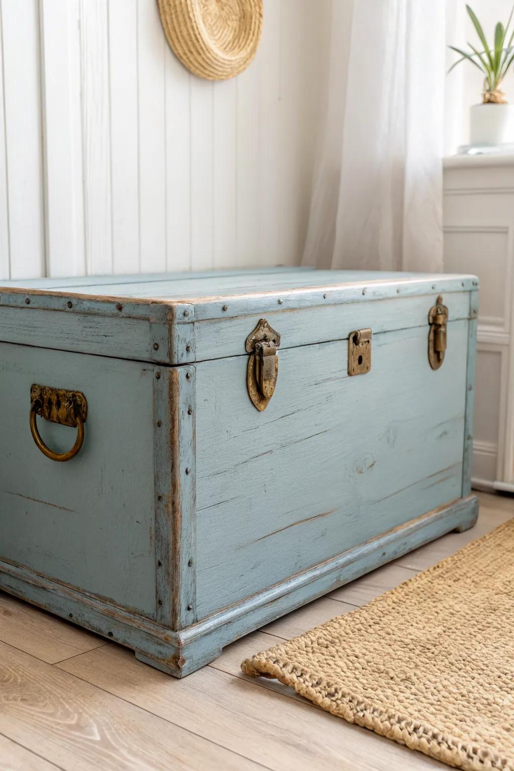 Soft coastal-blue distressed trunk: breezy, forgiving storage that makes small rooms feel lighter.
