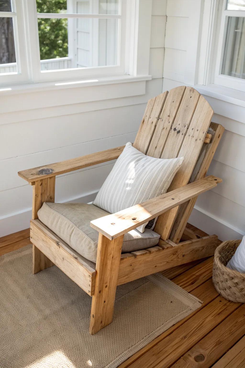A cozy Adirondack-style pallet chair with wide armrests—perfect for a small porch corner.