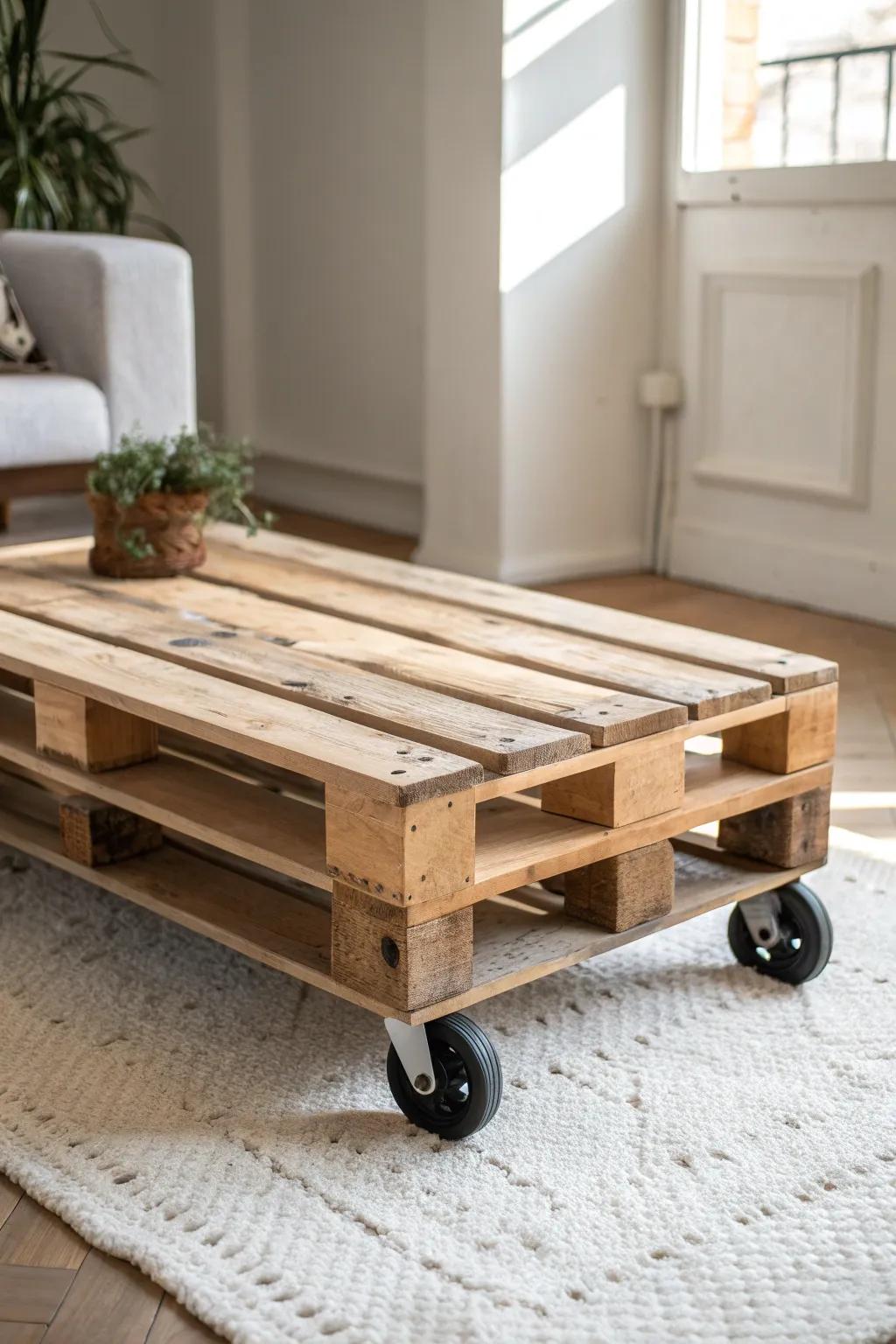 A roll-anywhere pallet coffee table with sleek casters—minimal, warm, and small-space smart.