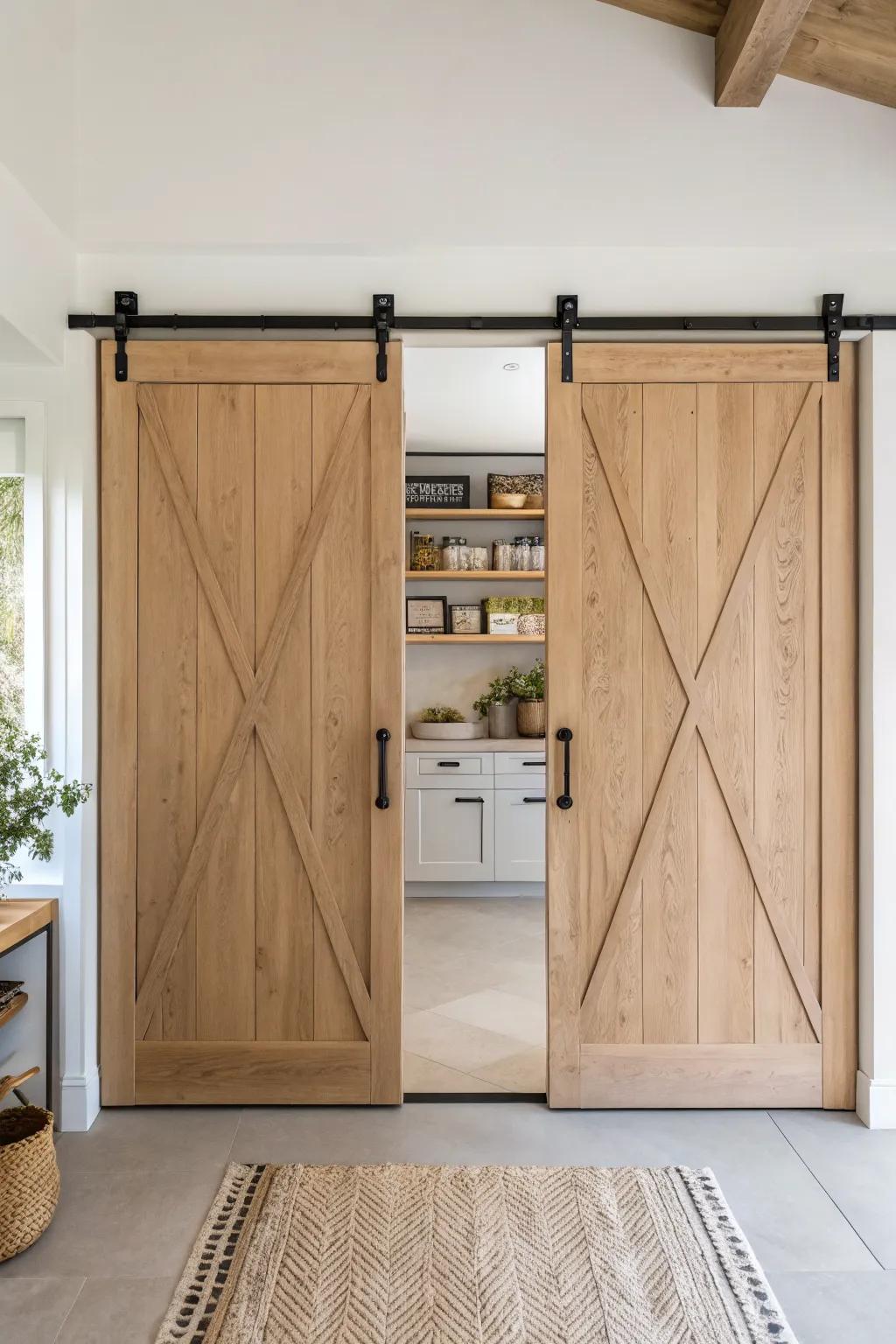 Double barn doors balance a wide pantry opening in small kitchens and glide open from the center.