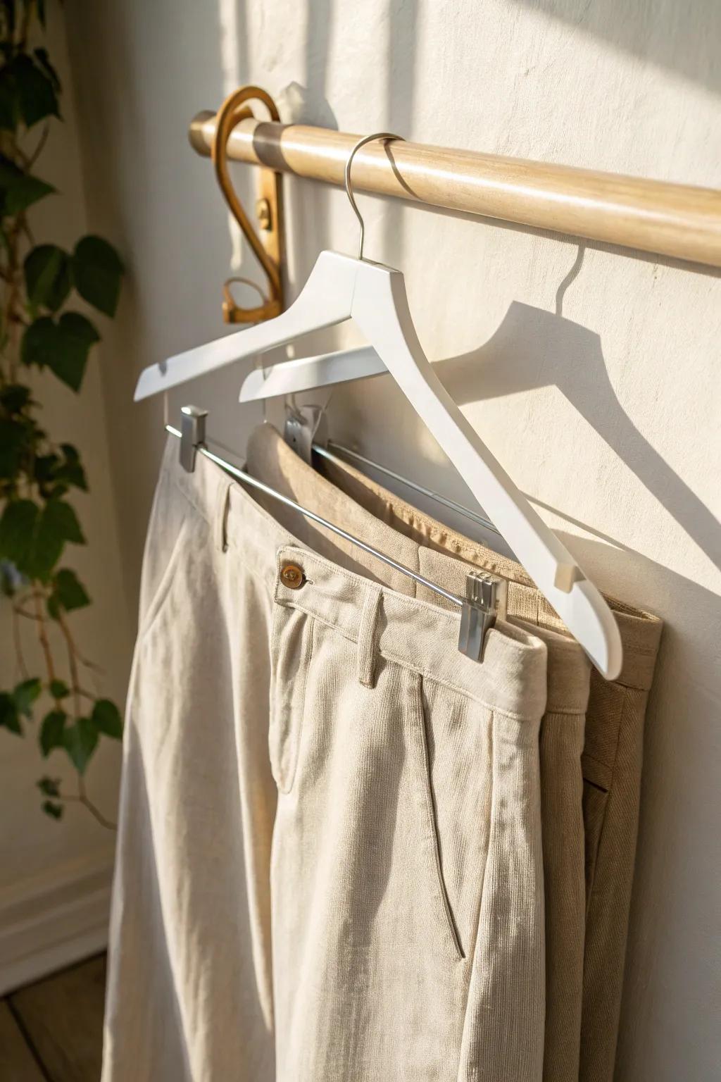 Non-slip bar hanger keeps work pants sleek, calm, and crease-free—even on rushed mornings.